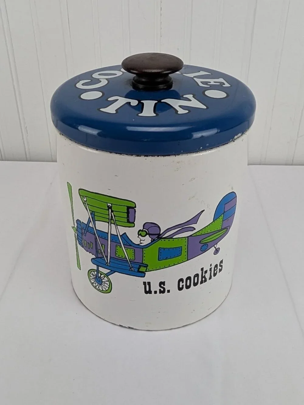 Vintage Ransburg Cookie Jar Tin U.S. Cookies Metal Lid Biplane Retro Airplane